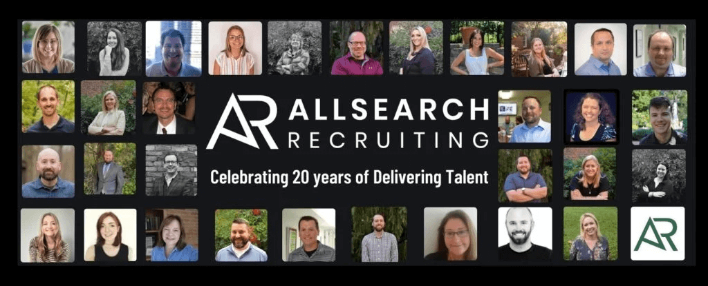 Banner Image of AllSearch Employee Photos with the words "AllSearch Recruiting." Tagline states "Celebrating 20 Years of Delivering Talent."