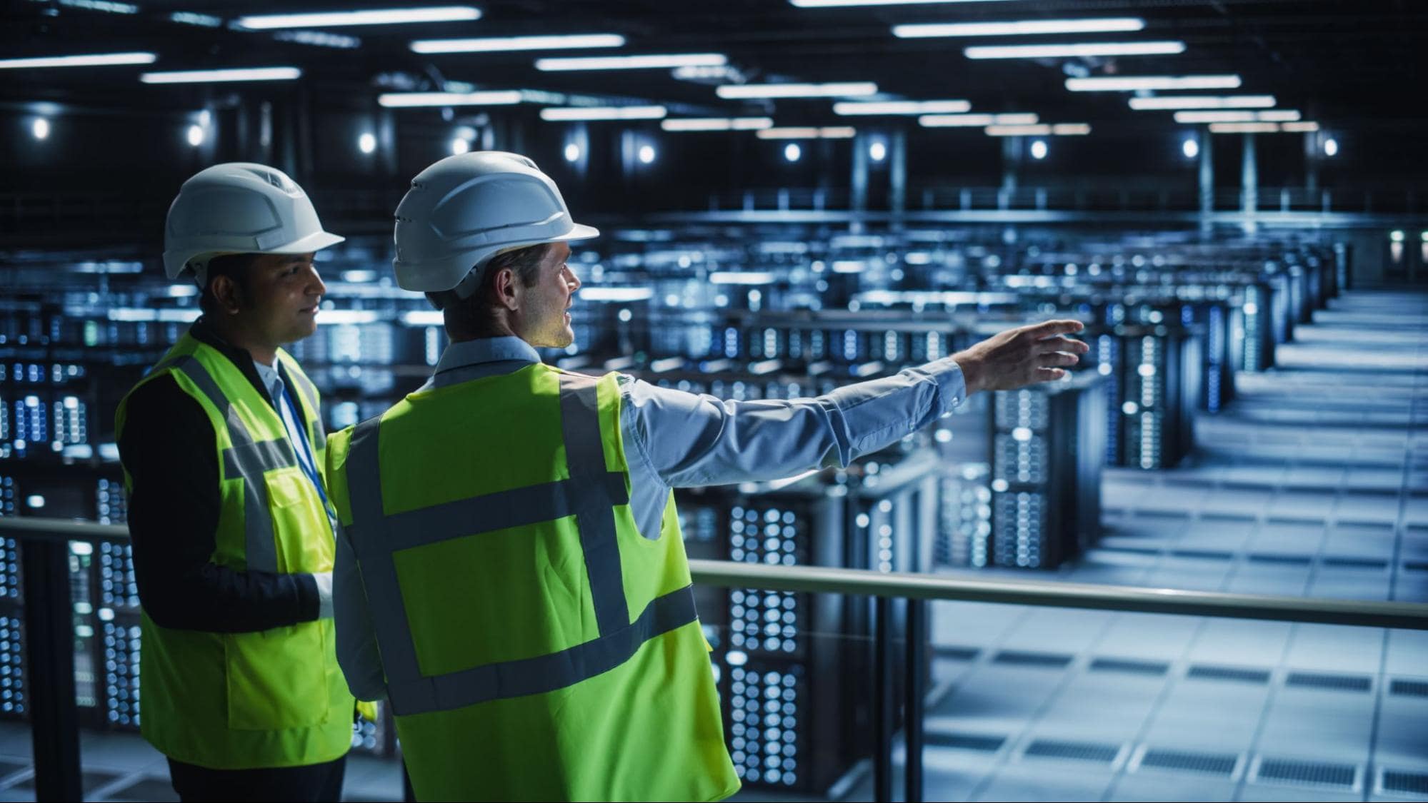 Recruiter and employee in hard hats and construction vests touring server room to discuss data center hiring shortage