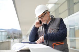 Construction Project Manager in White Hard Hat Reviewing Documents Outdoors in Front of Windows