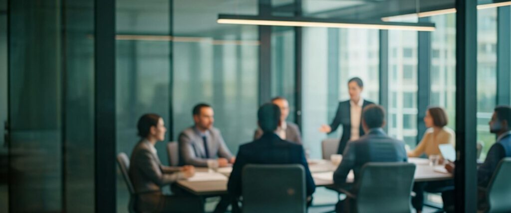 Corporate leadership team seated in a glass-walled conference room evaluating executive search services during a board presentation.