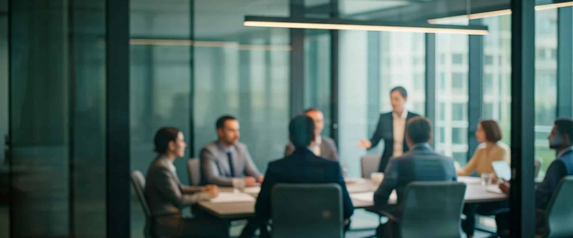 Corporate leadership team seated in a glass-walled conference room evaluating executive search services during a board presentation.